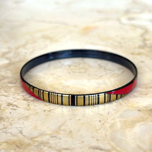 Vintage Steinbock Austria Red Black Enamel 24KT Gold Inlay Bangle Bracelet - Picture 4 of 11